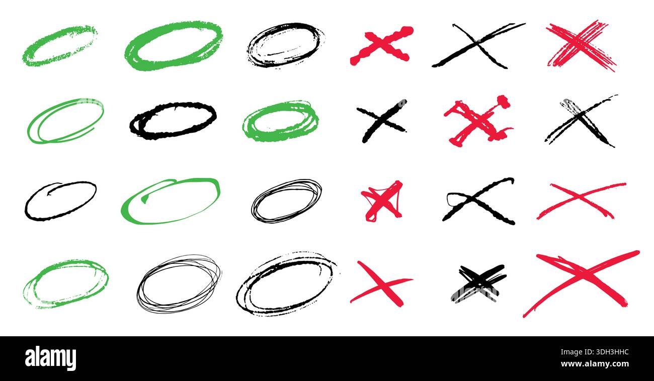 Cerchi e segni X per le note. Raccolta di elementi disegnati a mano grunge per caselle di controllo o elenchi. simboli di convalida Illustrazione Vettoriale