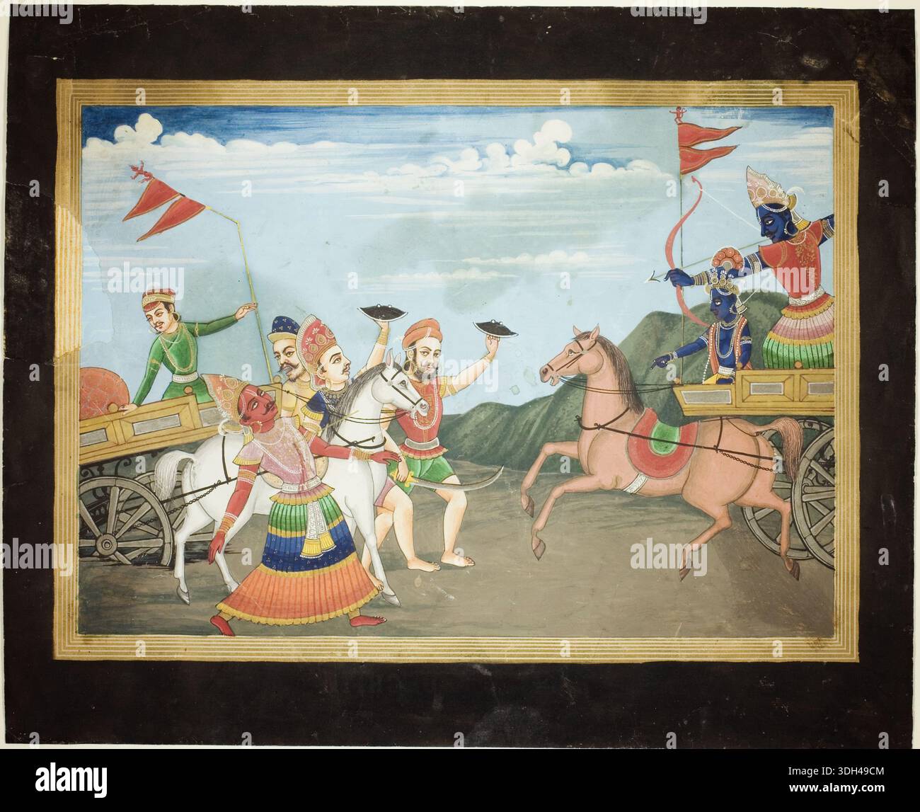 zig zag Krishna e Arjuna sul carro durante la guerra del Mahabharata Cornice per foto da appendere alla parete, tempio, stanza pooja, adorazione (24 x 34 cm, bordo dorato marrone) 2