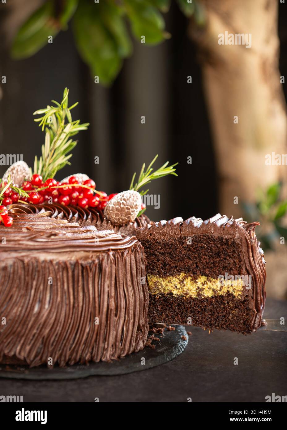 Un primo piano di una festosa torta a strati di cioccolato tagliata a fette, decorata con ribes rosso, rosmarino e pinne zuccherate. Foto Stock
