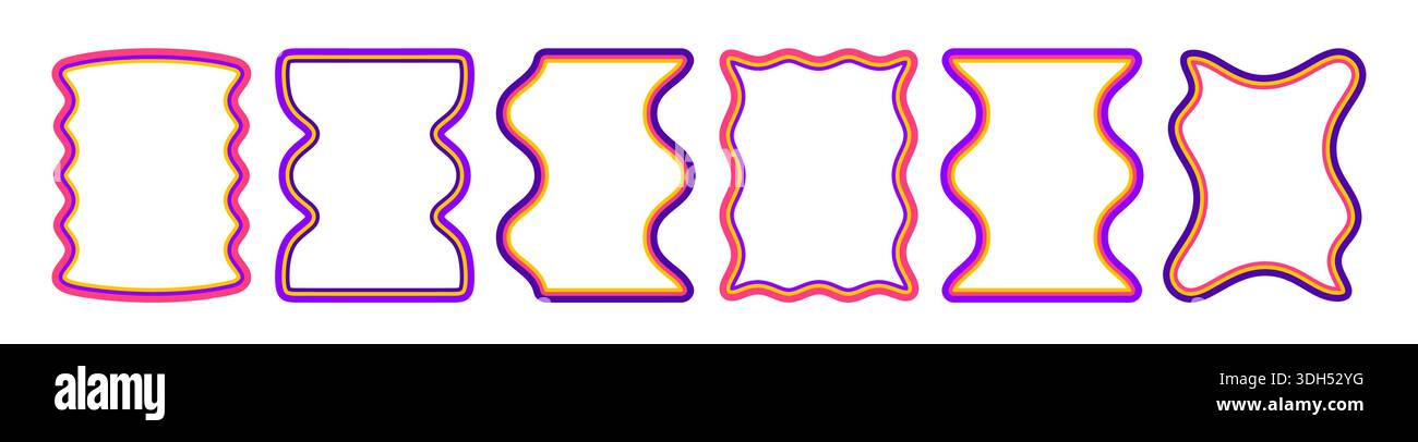 Bordo della cornice con bordi ondulati e forme ondulate. Cornici rettangolari in stile Y2K dai colori vivaci con linee curvilinee, fantasie originali e design retrò Starburst. Illustrazione Vettoriale