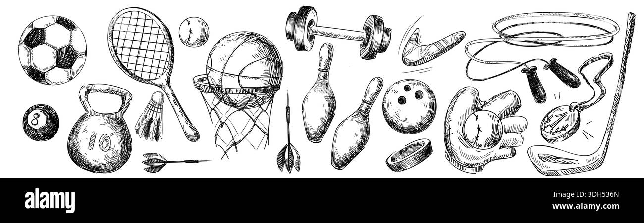 Set di attrezzature sportive con icone della palestra vintage in stile bozzetto disegnato a mano. Racchetta da tennis fitness, pallacanestro e calcio, pesi manubri e attrezzi per uno stile di vita sportivo sano. Illustrazione Vettoriale