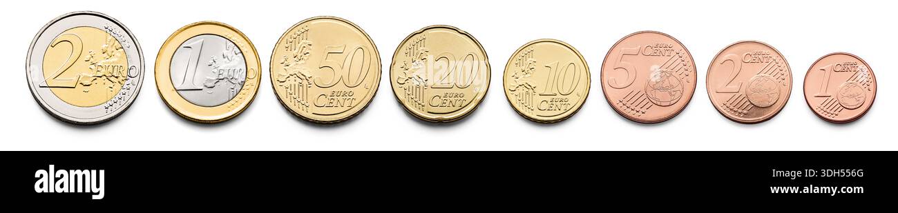 Euro e cent valuta insieme isolato su sfondo bianco unione europea Foto Stock