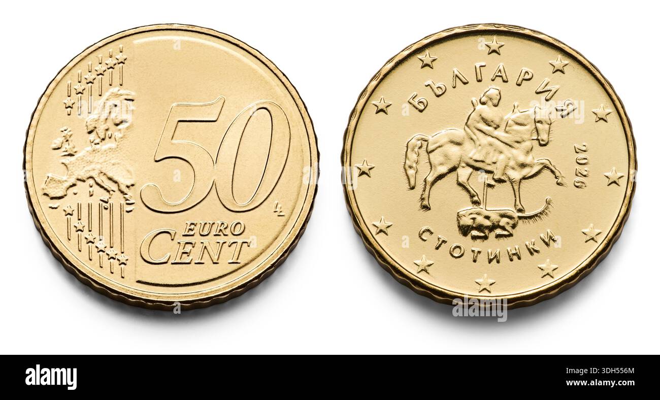 Moneta da 50 Euro, macro isolata su bianco Foto Stock