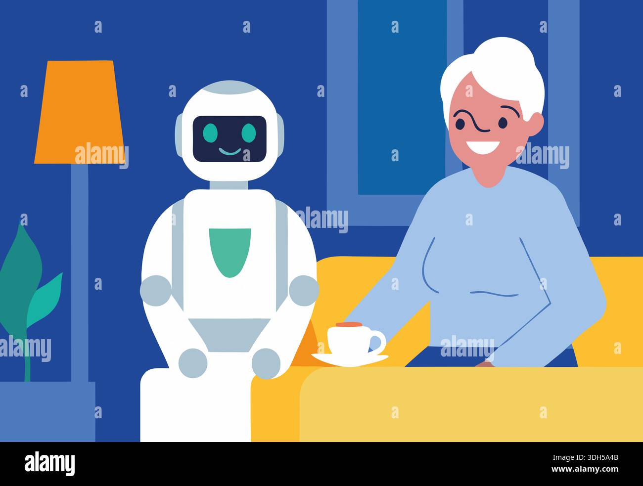 Una donna anziana sorridente si siede su un divano con un piccolo robot accanto a lei e si gusta una tazza di tè. Il luminoso soggiorno offre un'atmosfera calda con una lampada Foto Stock