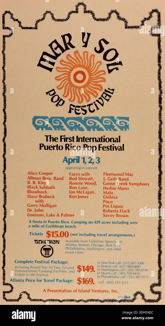 Poster della formazione per il Mar Y Sol Pop Festival di Porto Rico con Black Sabbath e Allman Brothers – Allman Brothers, Black Sabbath, Rod Stewart con i volti, Alice Cooper, B. B. King, Ronnie Wood, Fleetwood Mac – ecc., Puerto Rico Pop Festival, 1972 Foto Stock
