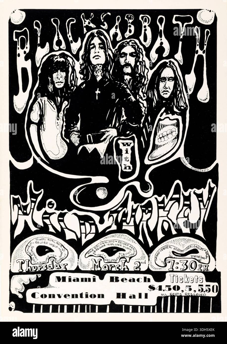 Black Sabbath in Miami – poster psichedelico in bianco e nero per Black Sabbath in Miami Beach, Florida, bianco e nero, poster concerto vintage, 1972 (Ozzy Osbourne, Tony Iommi, Geezer Butler, Bill Ward) Foto Stock