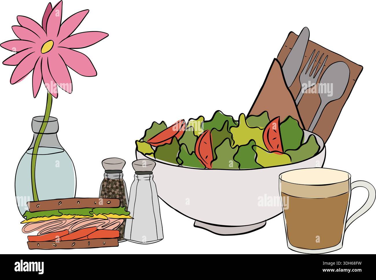 Illustrazione disegnata a mano con composizione floreale, sandwich, salina, insalata, caffè. Grafica vettoriale con inchiostro a linee colorate. Per poster, invito, ba Illustrazione Vettoriale