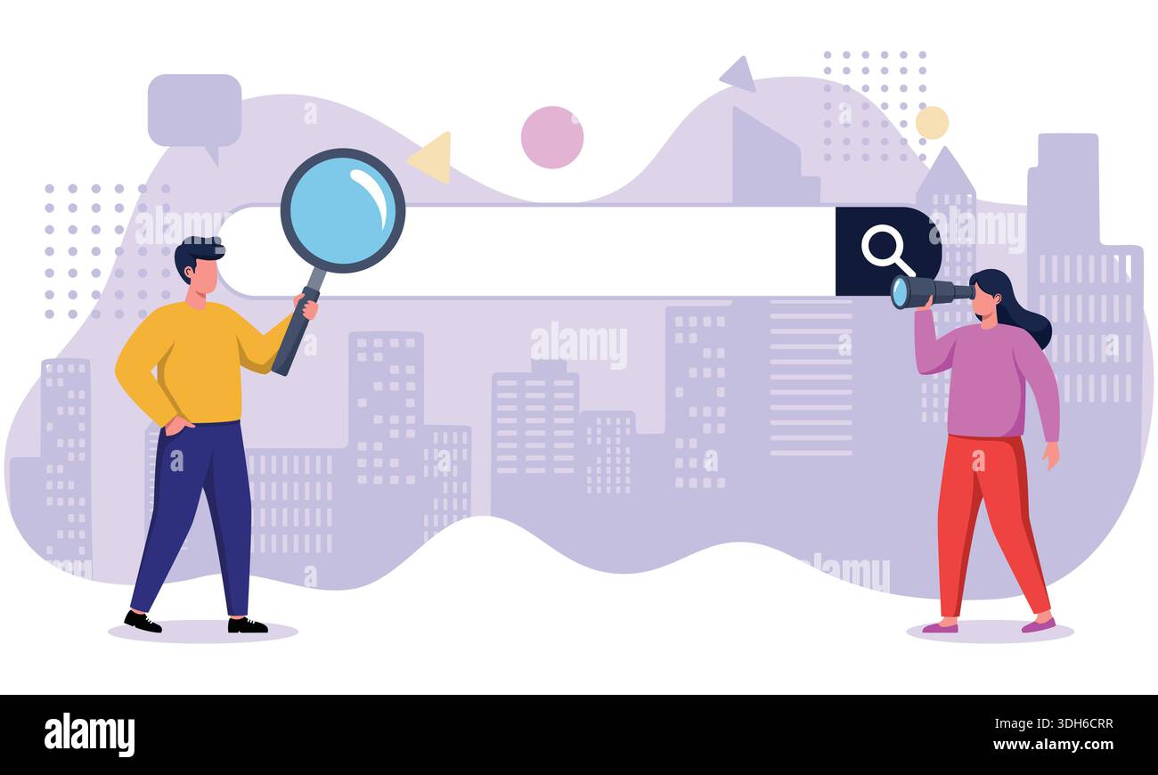 Uomo e donna alla ricerca con lente d'ingrandimento e telescopio Illustrazione Vettoriale