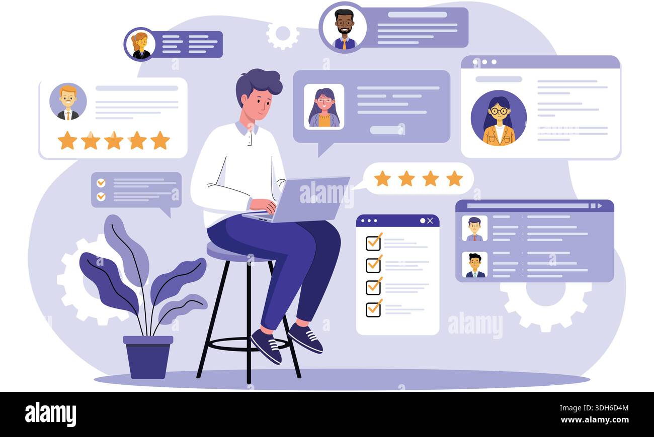 Uomo che esamina feedback e candidature di lavoro online Illustrazione Vettoriale