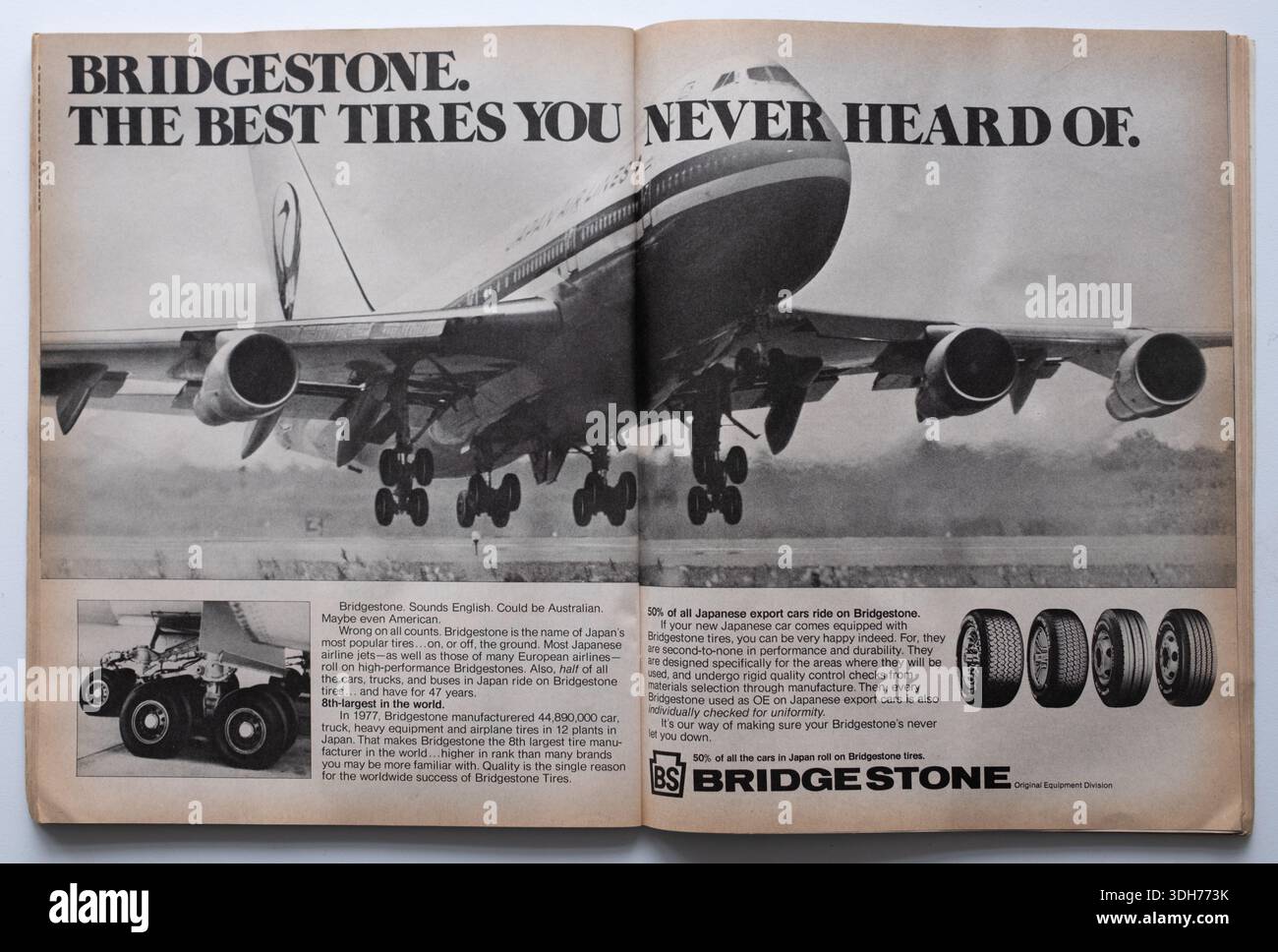 Pubblicità vintage per pneumatici Bridgestone Car da 1970s Motor Magazine Foto Stock