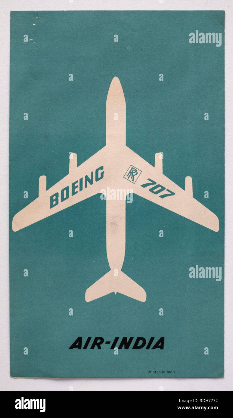 Il retro di un volantino Vintage Air India Passenger Drinks Service degli anni '1970 - Boeing 707 Foto Stock