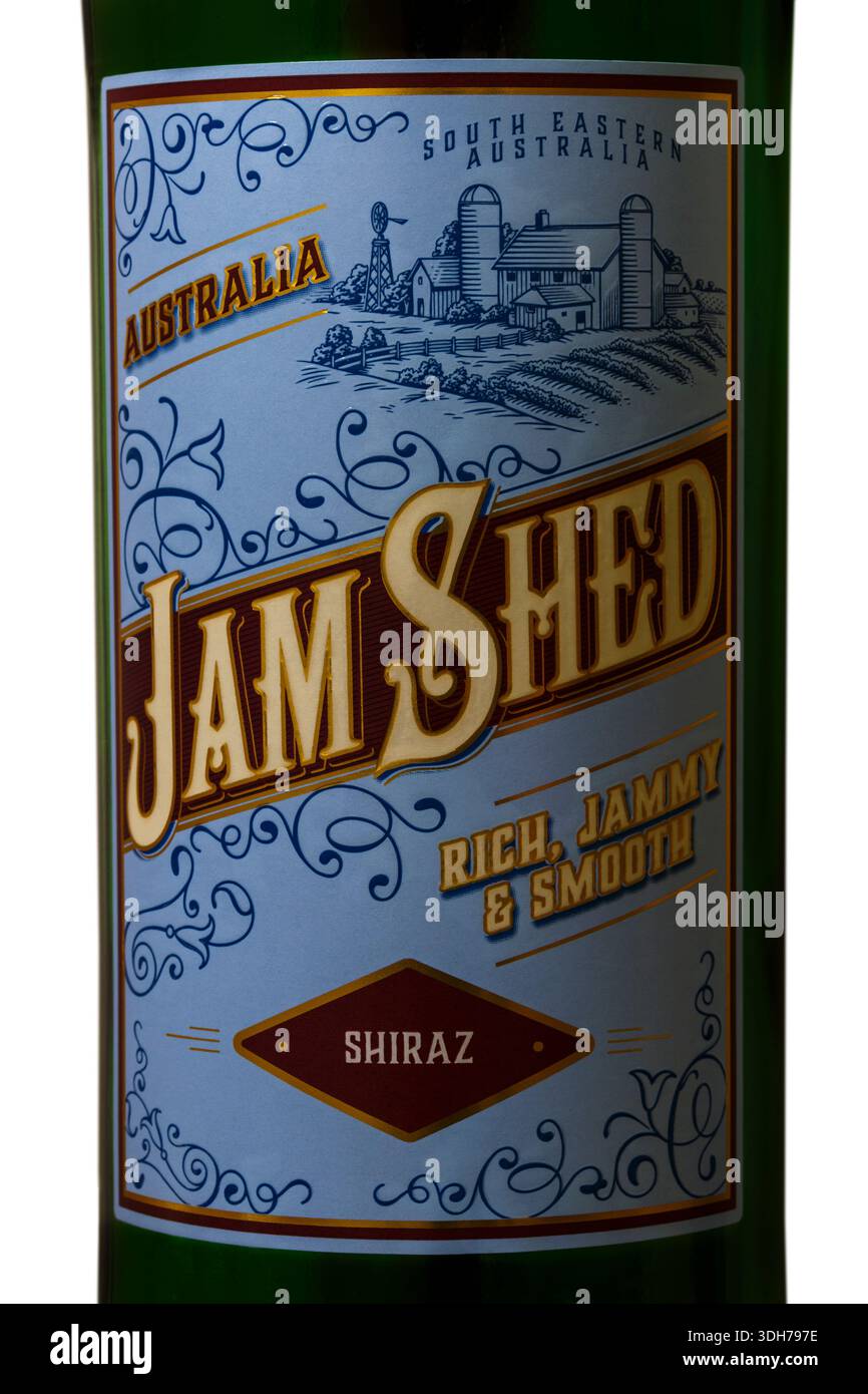 Etichetta sulla bottiglia Jam Shed di Shiraz Rich, jammy & Smooth Red wine del sud-est australiano Foto Stock