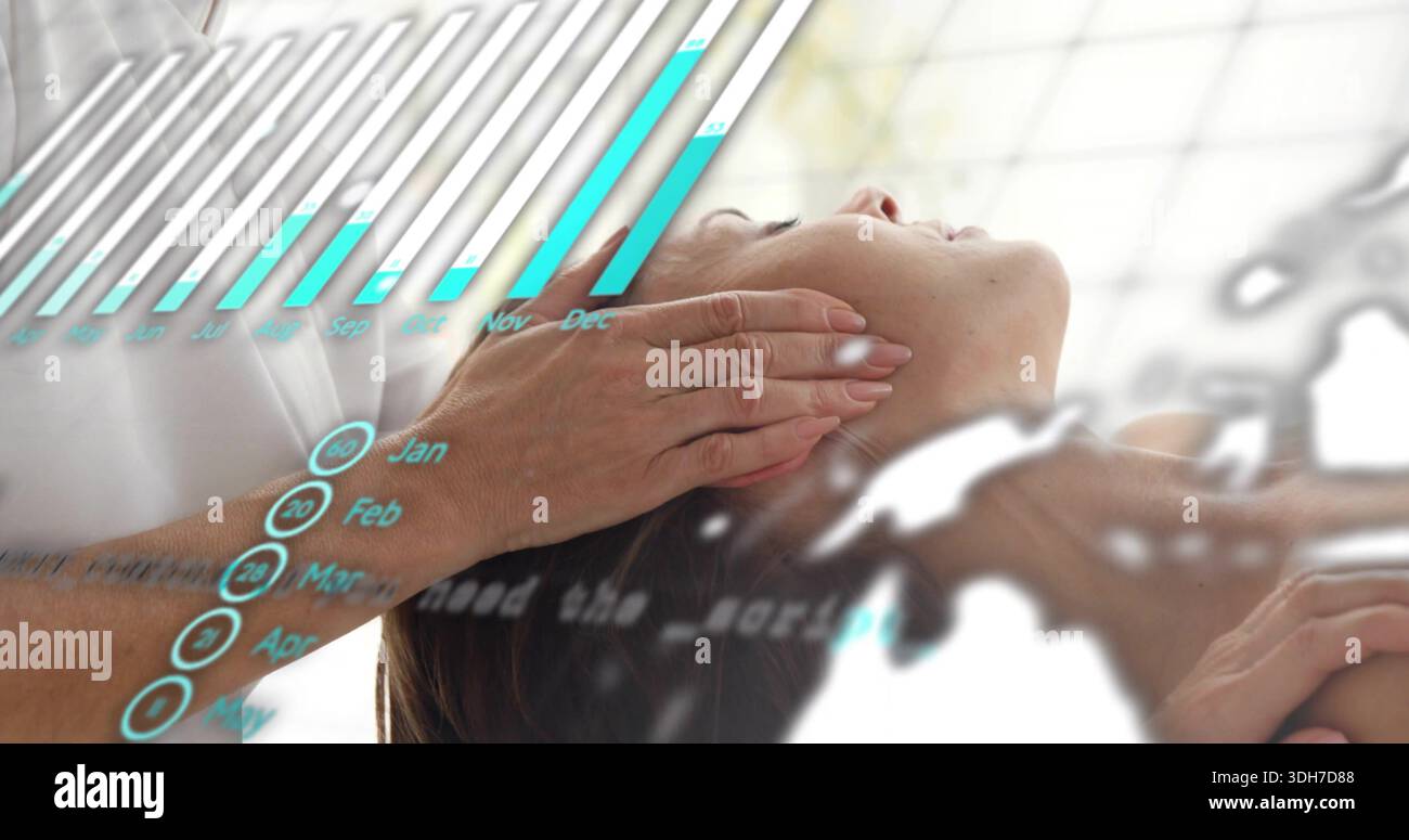 Il cliente riceve la seduta sul tavolo imbottito, il terapista posiziona le mani sul collo, la parte superiore bianca, le sovrapposizioni Foto Stock