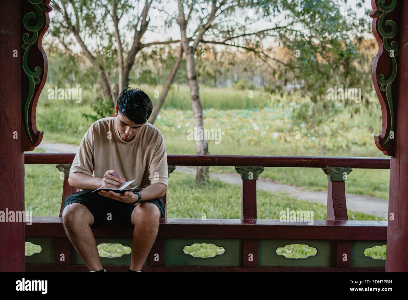Giovane uomo che scrive su un notebook seduto su una panca del gazebo in un parco, studio all'aperto e concetto di concentrazione. Foto Stock