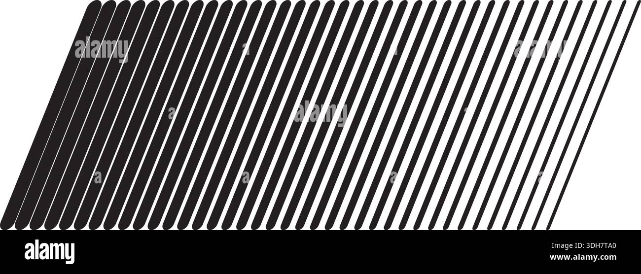 Bastoncini dritti verticali verticali verticali inclinati paralleli con spessore diverso isolati su sfondo bianco. Strisce inclinate. Linee oblique. Semplice a righe Illustrazione Vettoriale