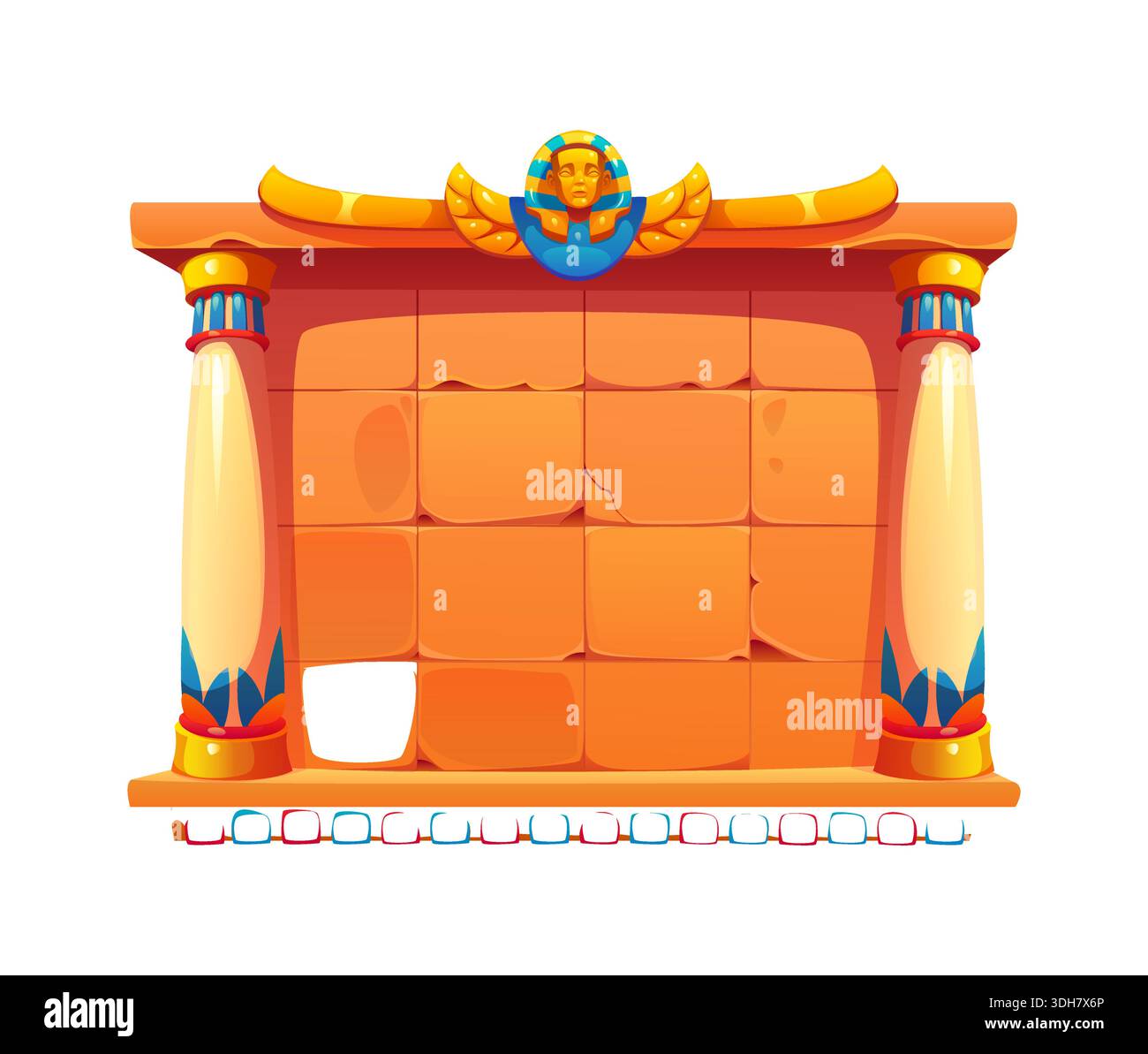 Cornice di gioco dell'antico Egitto, tavola in pietra egiziana antica con pilastri, piastrelle decorative e emblema del faraone. Menu di gioco Vector ui, classifica o schermata di selezione dei livelli in giochi di avventura o puzzle Illustrazione Vettoriale