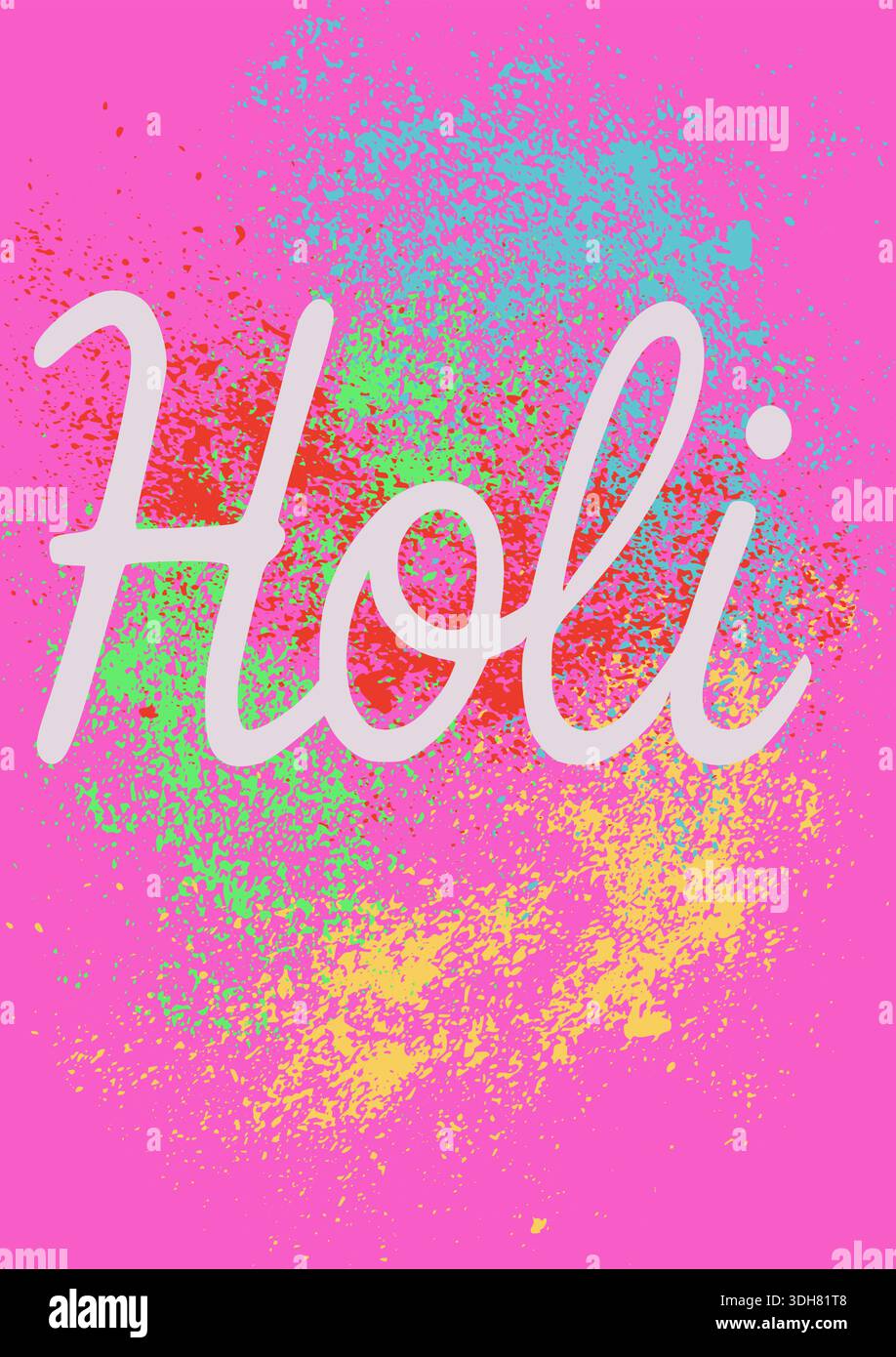 Vibrante manifesto del festival Holi con spruzzi di polvere colorata e giocosa tipografia su sfondo rosa, che celebra le tradizioni indiane. Illustrazione Vettoriale