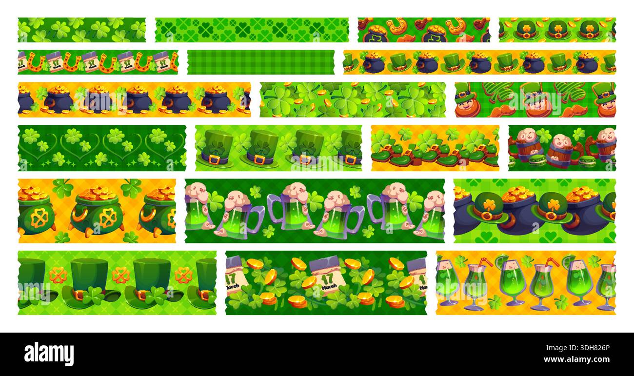 Nastro adesivo verde Washi con decorazioni natalizie di San Patrizio. Adesivi per scrapbooking, nastro adesivo washi vettoriale con trifoglio irlandese Saint Patrick Day, birra, cappello leprechaun, scarpe e oro Illustrazione Vettoriale