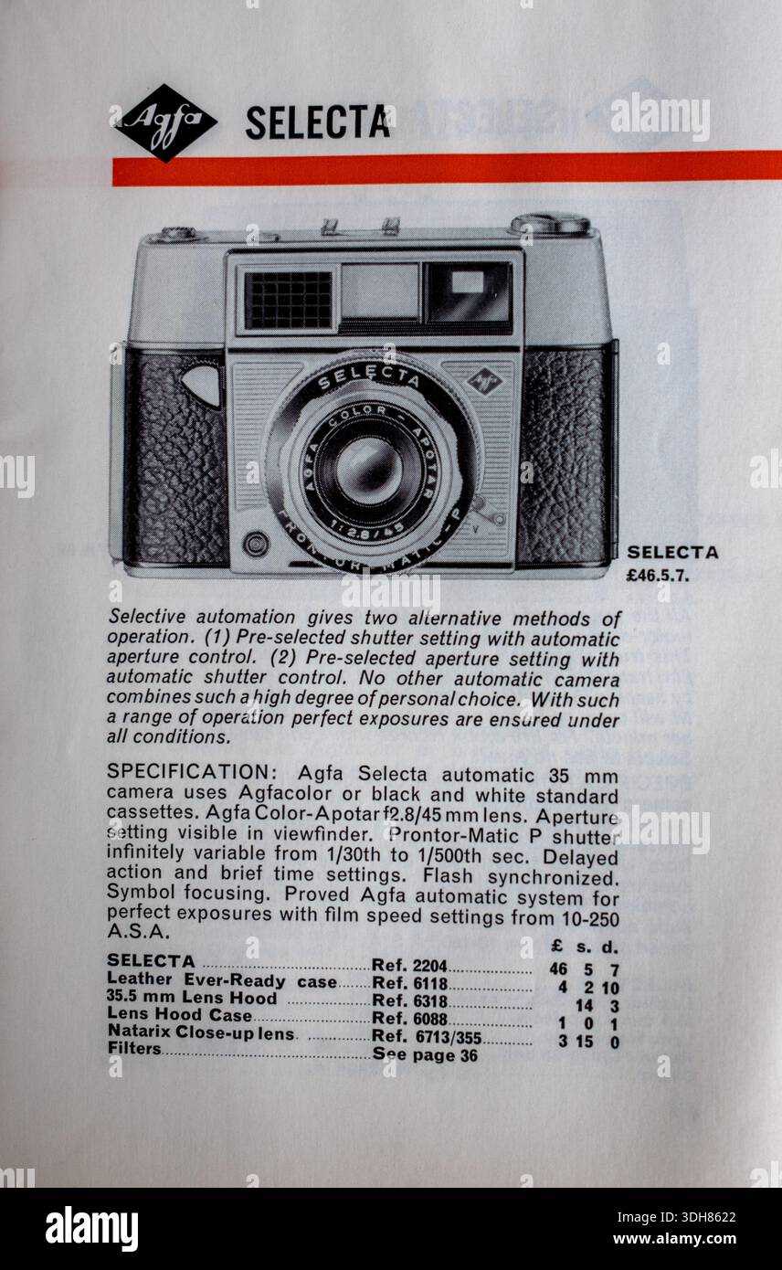 Brochure pubblicitaria vintage anni '1970 per la videocamera Agfa Selecta Foto Stock