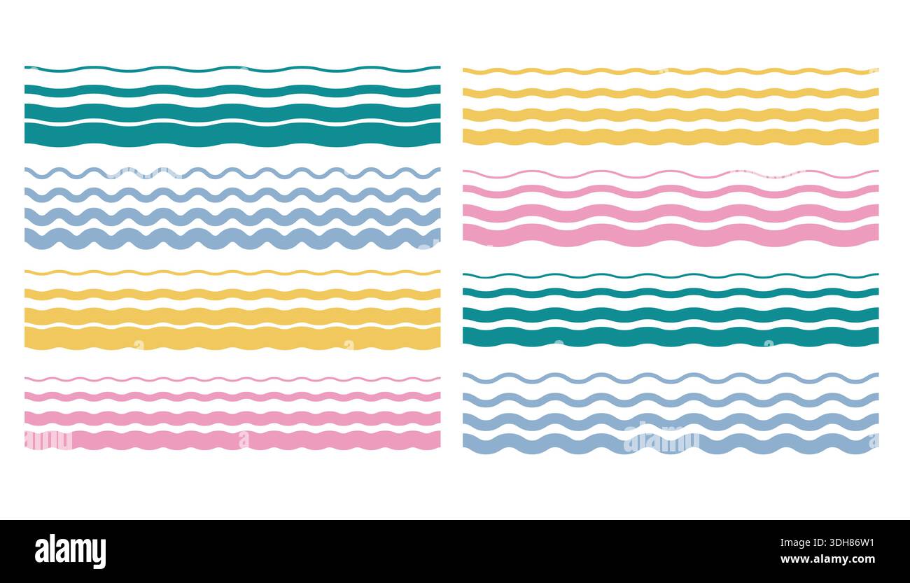 Una serie di mezzitoni colorati e linee ondulate in verde acqua, blu, giallo e rosa. Motivi infiniti a righe. Ideale per progetti astratti e modelli moderni Illustrazione Vettoriale