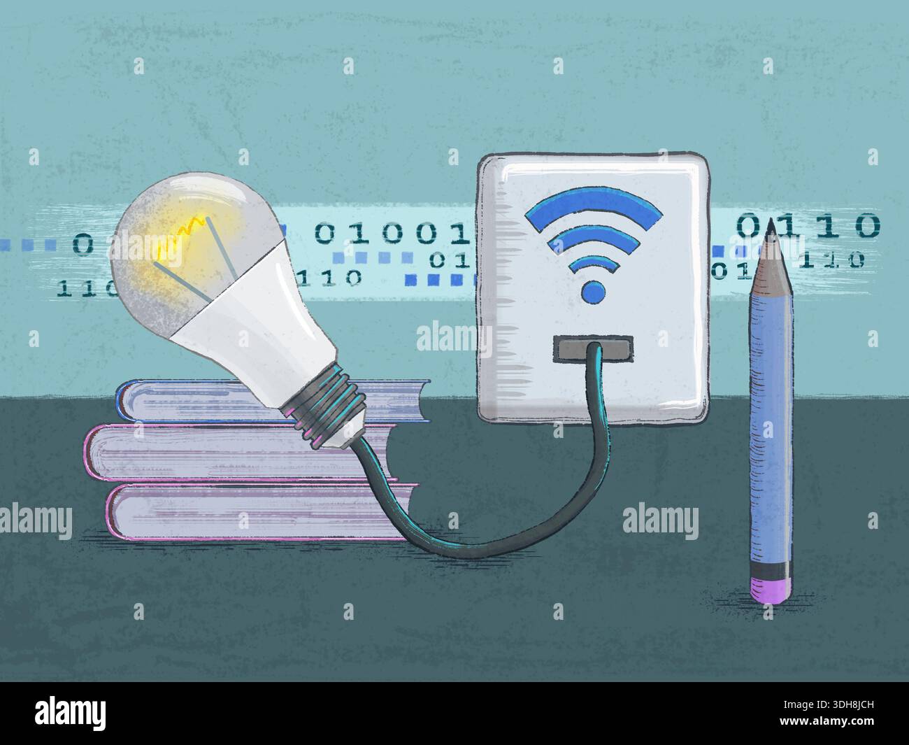 Studiare online e imparare nuove competenze. Illustrazione digitale. Foto Stock