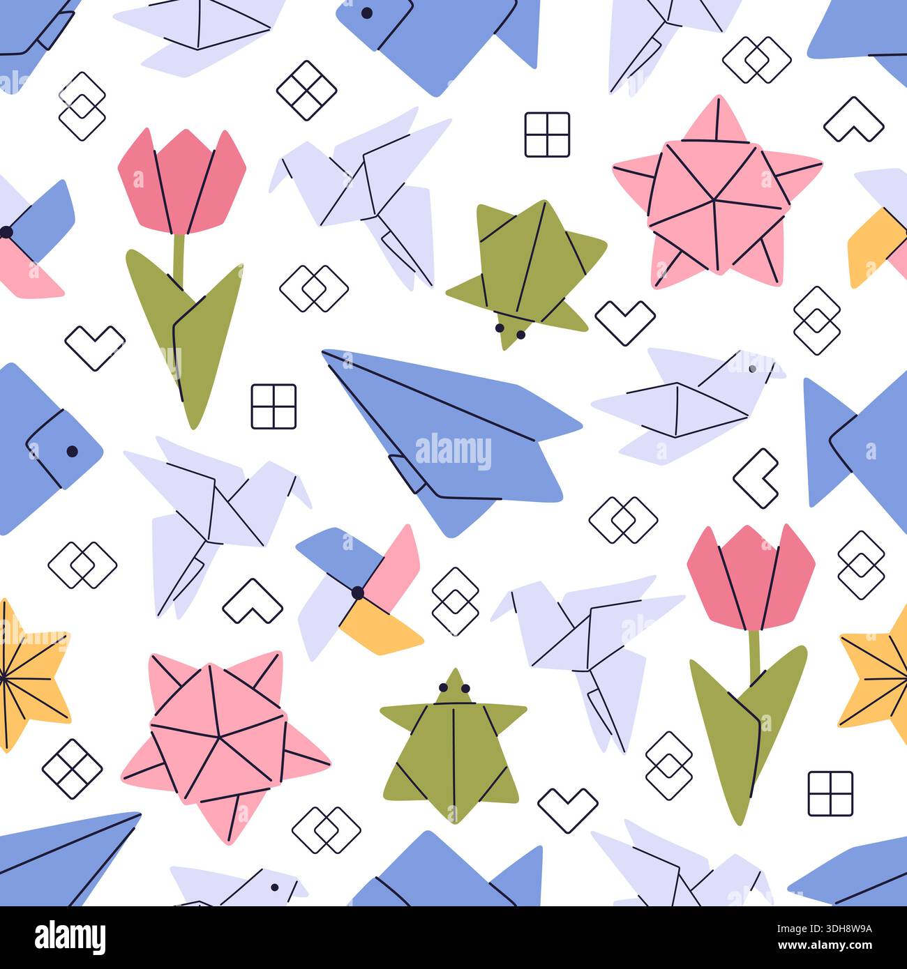 Figure animali in carta colorata. Motivo senza cuciture Origami. Giocattolo artigianale. Carta poligonale asiatica. Forme giapponesi. Colomba creativa e fiore. Illustrazione Vettoriale