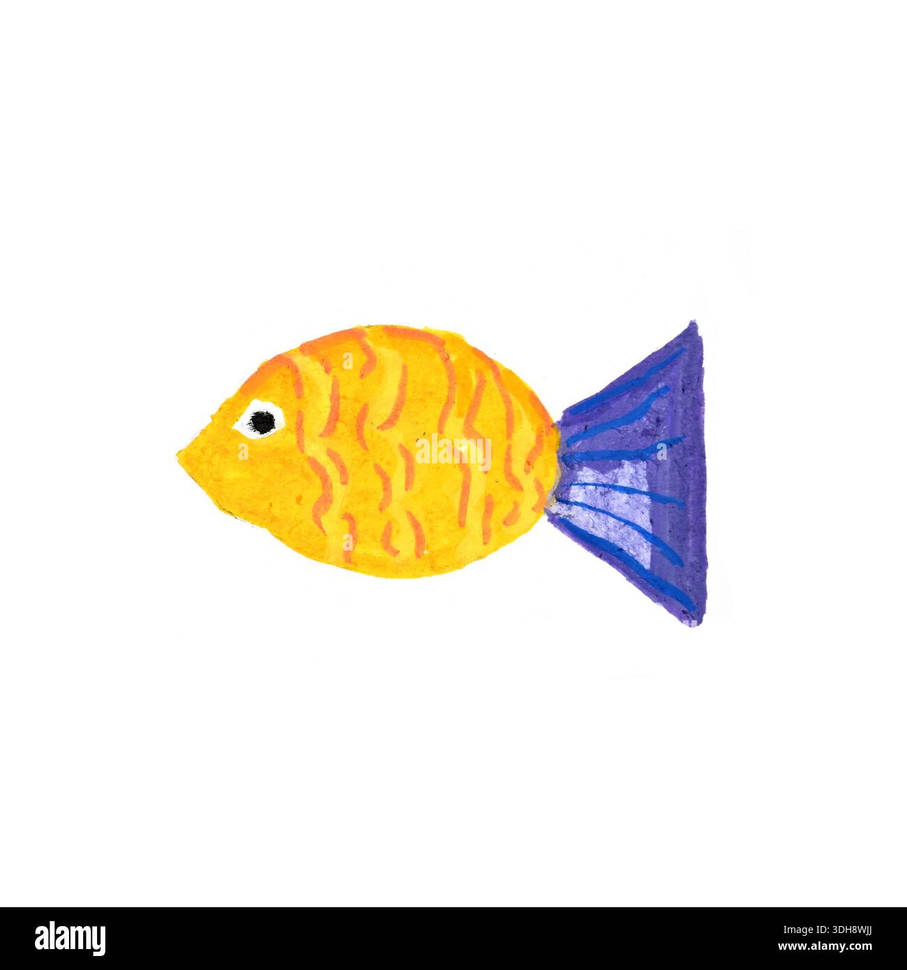 Un pesce giallo e blu viene disegnato su uno sfondo bianco. Il pesce ha un'espressione curiosa e guarda lo spettatore Foto Stock
