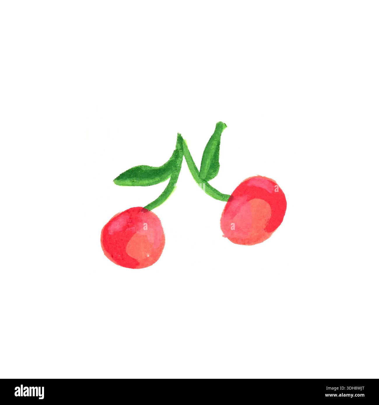 Nell'immagine sono mostrate due ciliegie con foglie verdi. Le ciliegie sono di rosso brillante e le foglie sono una vibrante tonalità di verde. Le ciliegie sono versatili Foto Stock