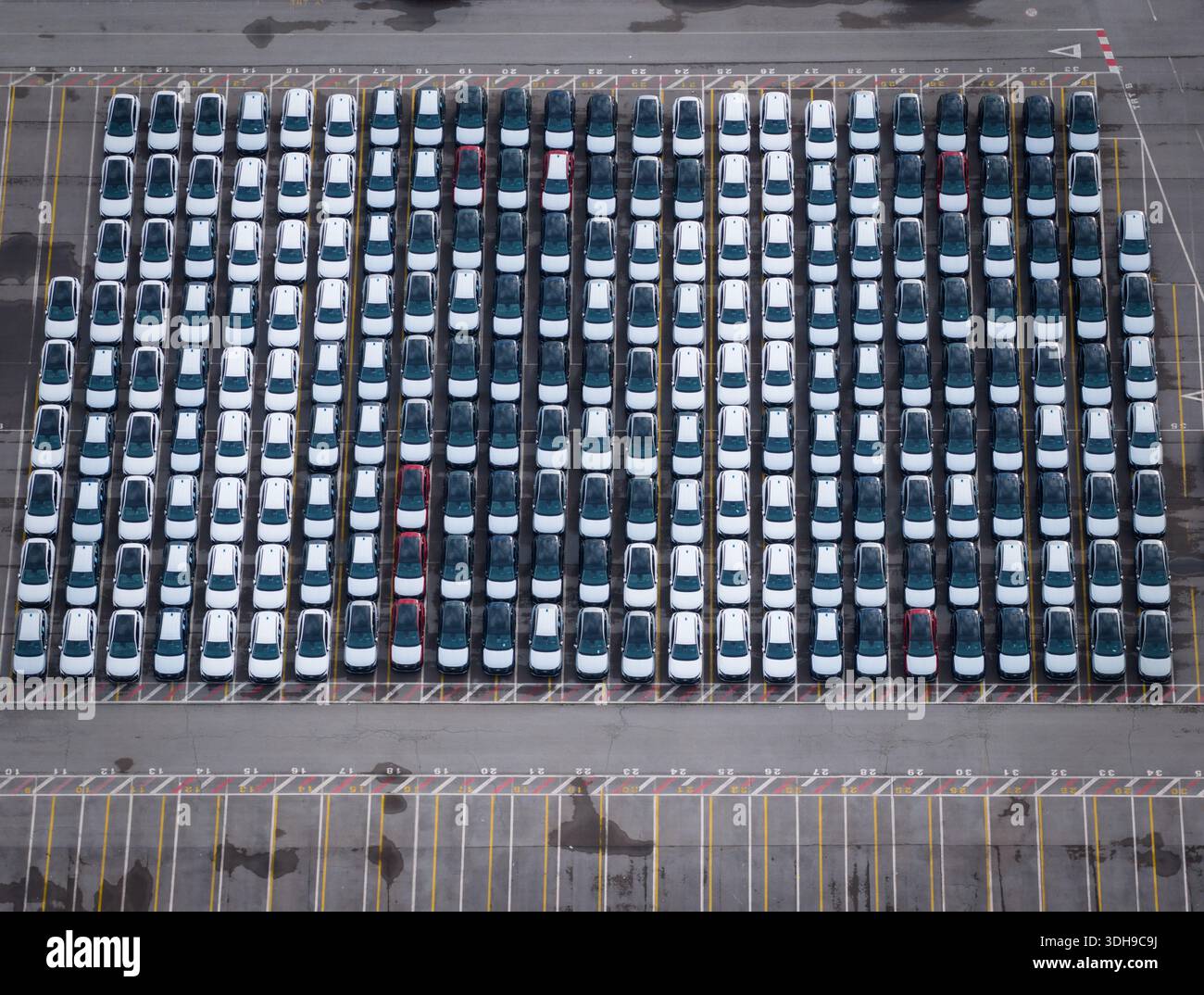 Vista aerea dei veicoli ad alta densità parcheggiati presso il terminal del porto. Foto Stock