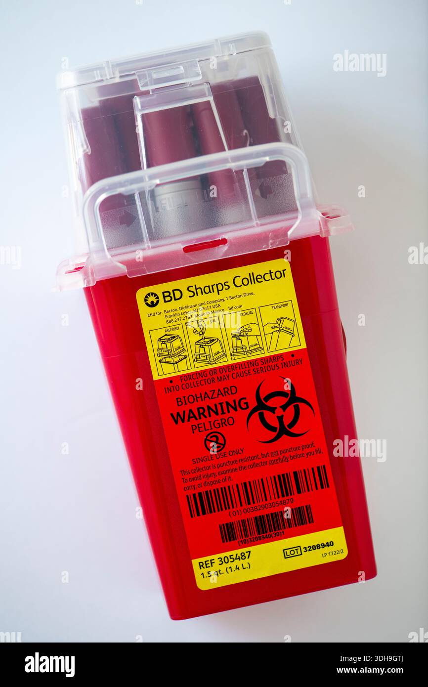 Avvertenza di rischio biologico sulla scatola di ritorno dei pennarelli per iniezione Humira Foto Stock