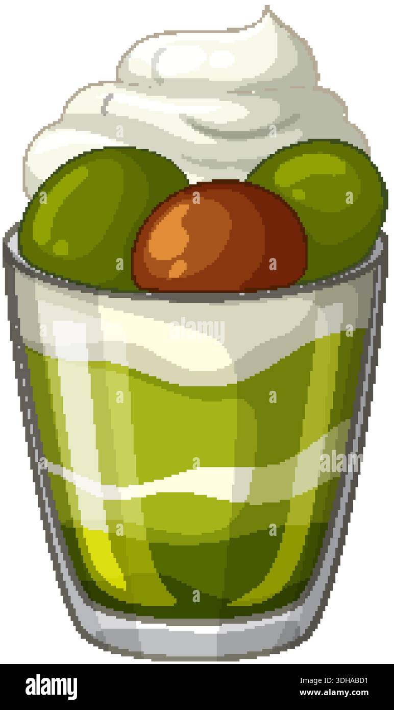 Illustrazione vettoriale di un dessert matcha a strati in un bicchiere con mochi e panna Illustrazione Vettoriale