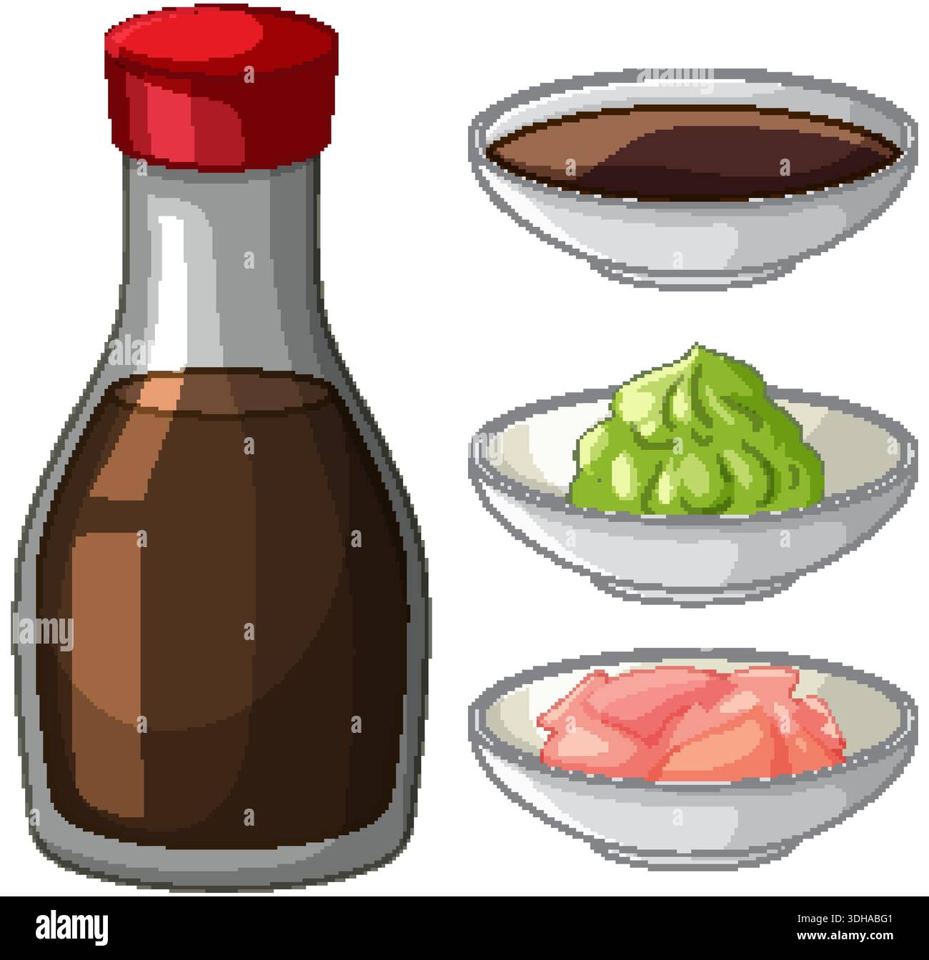 Immagine vettoriale piatta di una bottiglia di salsa di soia accanto a ciotole di wasabi e zenzero Illustrazione Vettoriale