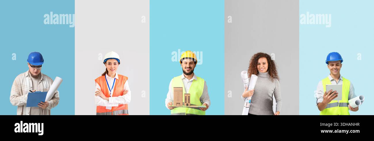 Gruppo di ingegneri diversi su sfondo a colori Foto Stock
