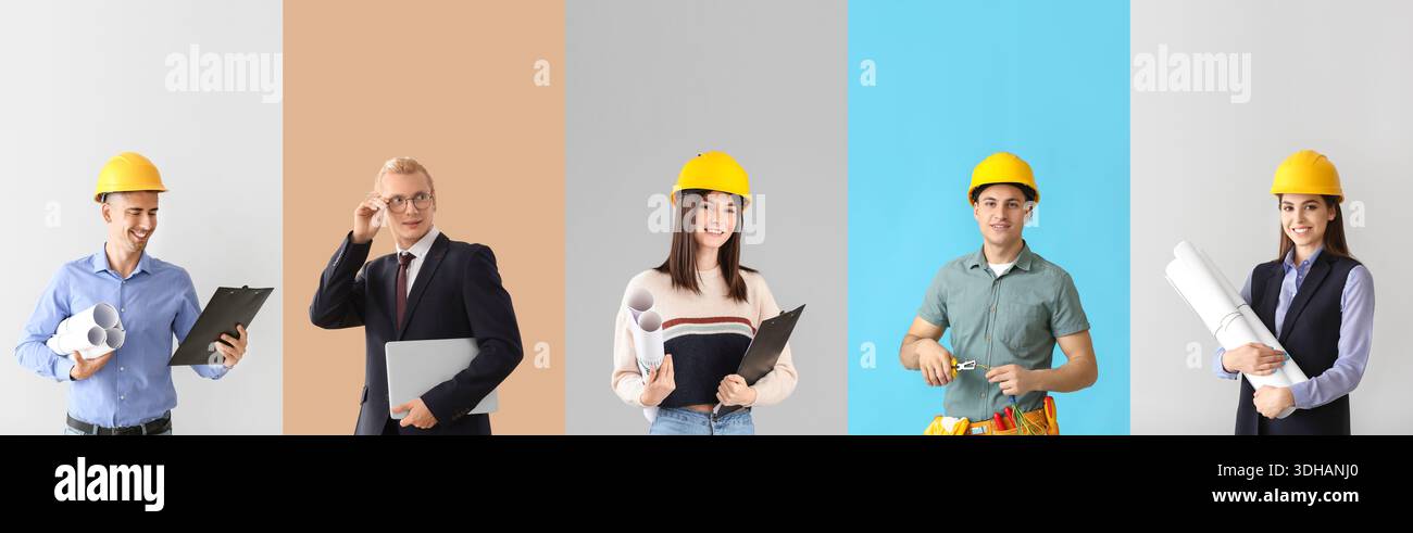 Gruppo di ingegneri diversi su sfondo a colori Foto Stock