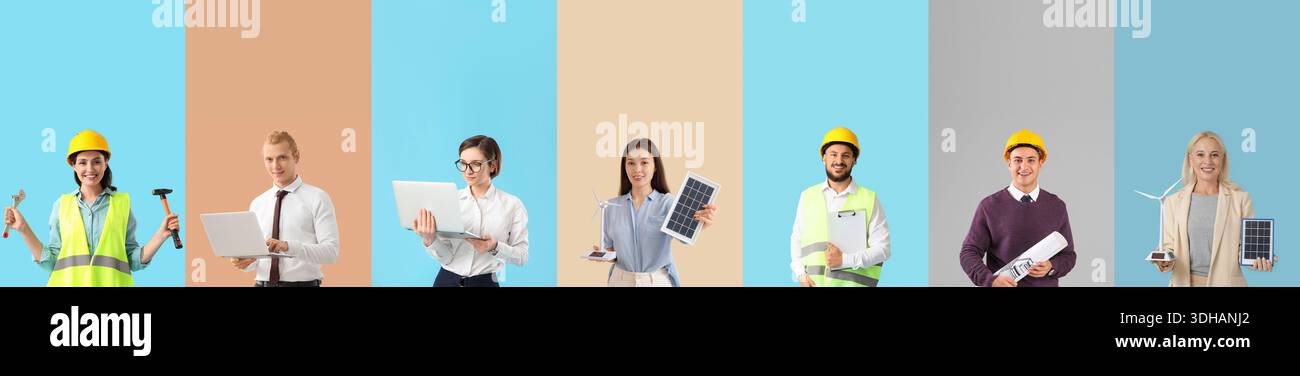 Gruppo di ingegneri diversi su sfondo a colori Foto Stock