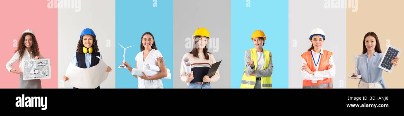 Gruppo di ingegneri diversi su sfondo a colori Foto Stock