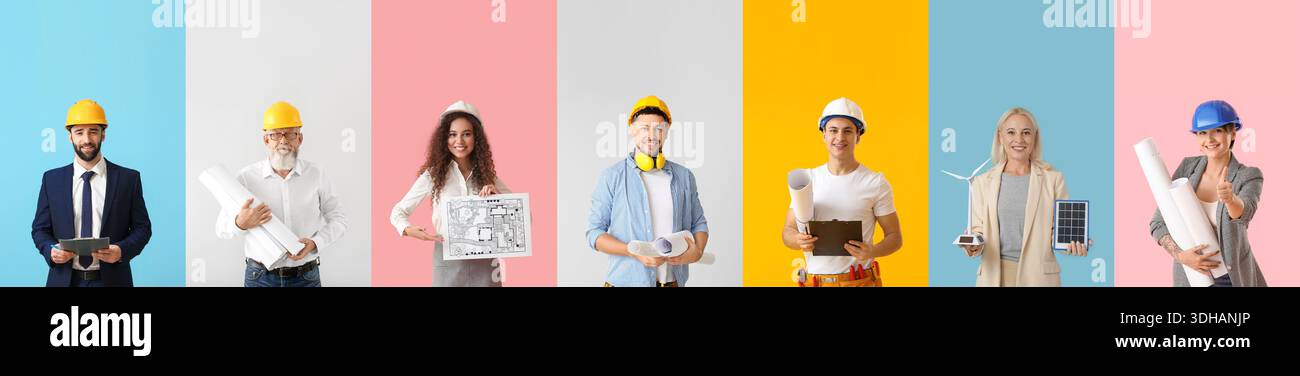 Gruppo di ingegneri diversi su sfondo a colori Foto Stock