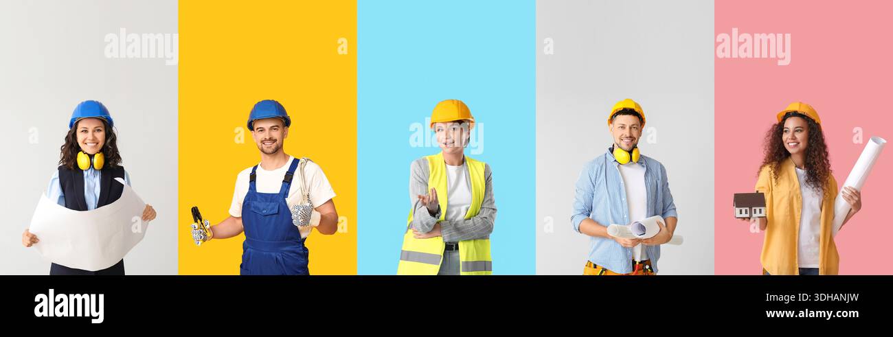 Gruppo di ingegneri diversi su sfondo a colori Foto Stock