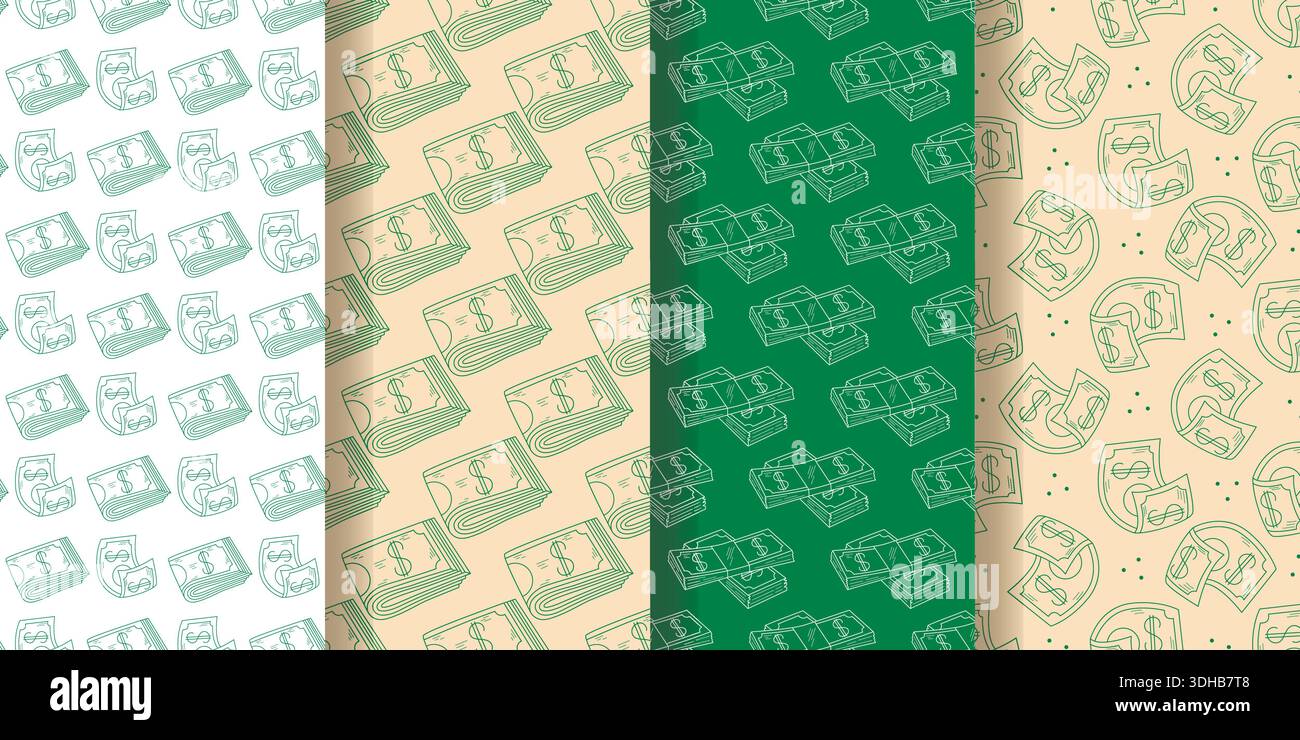 Insieme di denaro contante di schemi senza soluzione di continuità. Sfondi con dollari. Stampa con banconote, banconote, grafica vettoriale Illustrazione Vettoriale