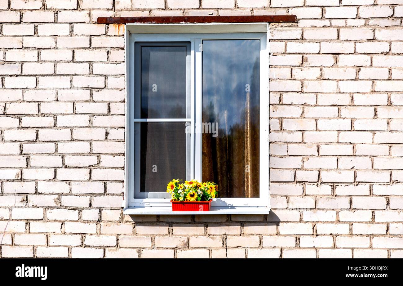 Fiori decorativi di plastica in un vaso sul davanzale della casa in mattoni Foto Stock