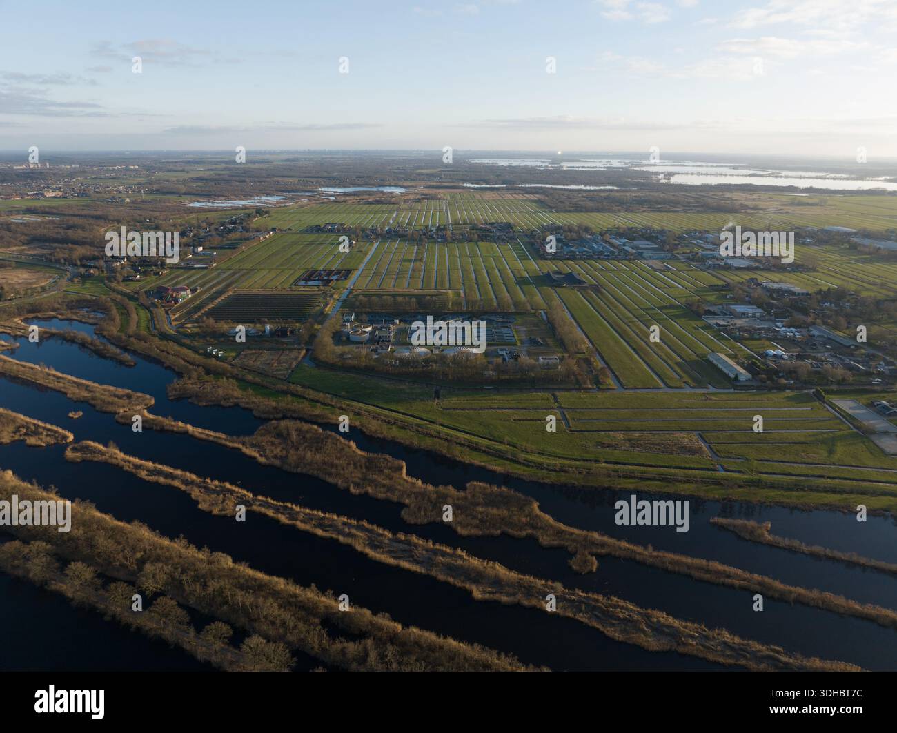 Paesaggio polder olandese con corsi d'acqua e agricoltura rurale Foto Stock