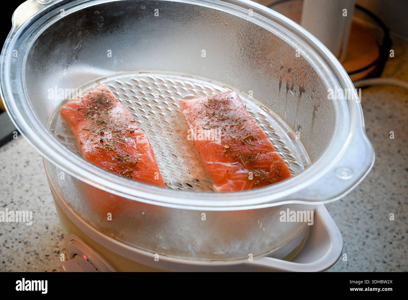 Due pezzi di salmone cotti delicatamente al vapore e serviti come pasto sano e ricco di proteine, mettendo in risalto la cucina pulita e i sapori naturali. Foto Stock