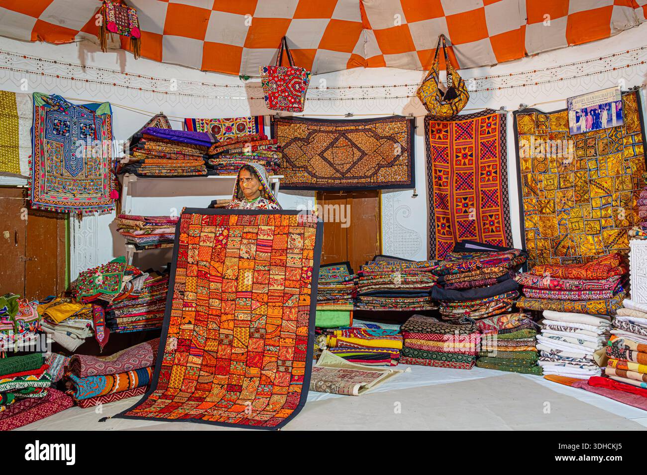 India, stato del Gujarat, regione di Kutch, Bhirandiyara, villaggio della comunità di Meghwal, famoso per l'artigianato da ricamo Foto Stock
