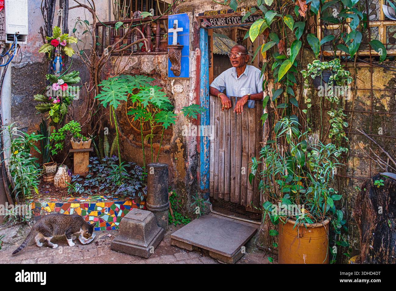 India, Stato del Maharashtra, Mumbai, distretto di Girgaon, quartiere di Khotachiwadi, un ex villaggio di pescatori della comunità cristiana indiana con case in stile portoghese Foto Stock