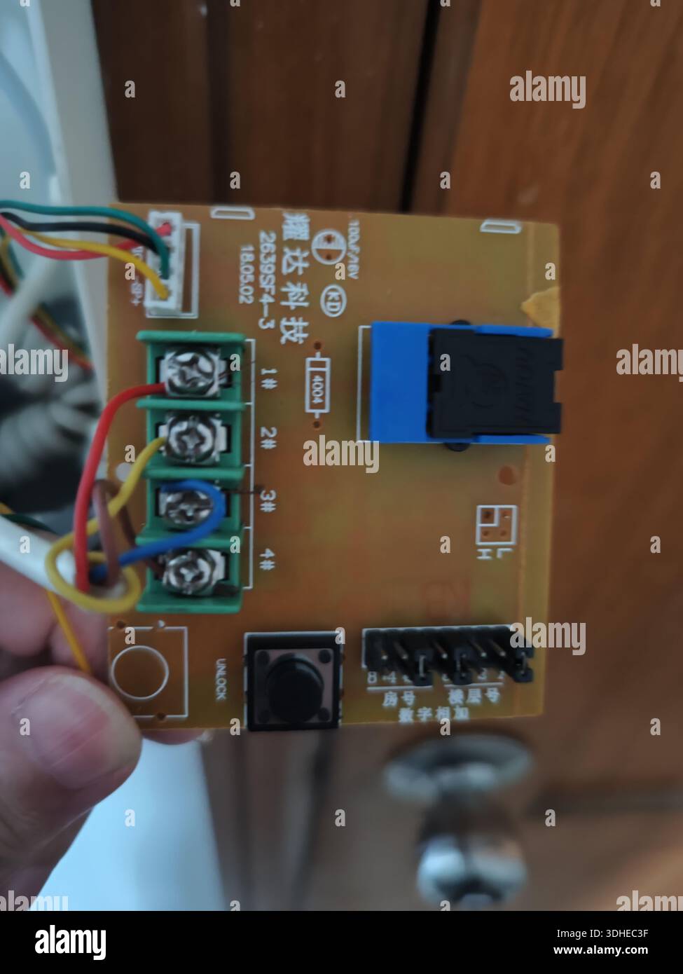 Primo piano di una mano che tiene in mano una scheda a circuito elettronico con morsettiere e relè Foto Stock