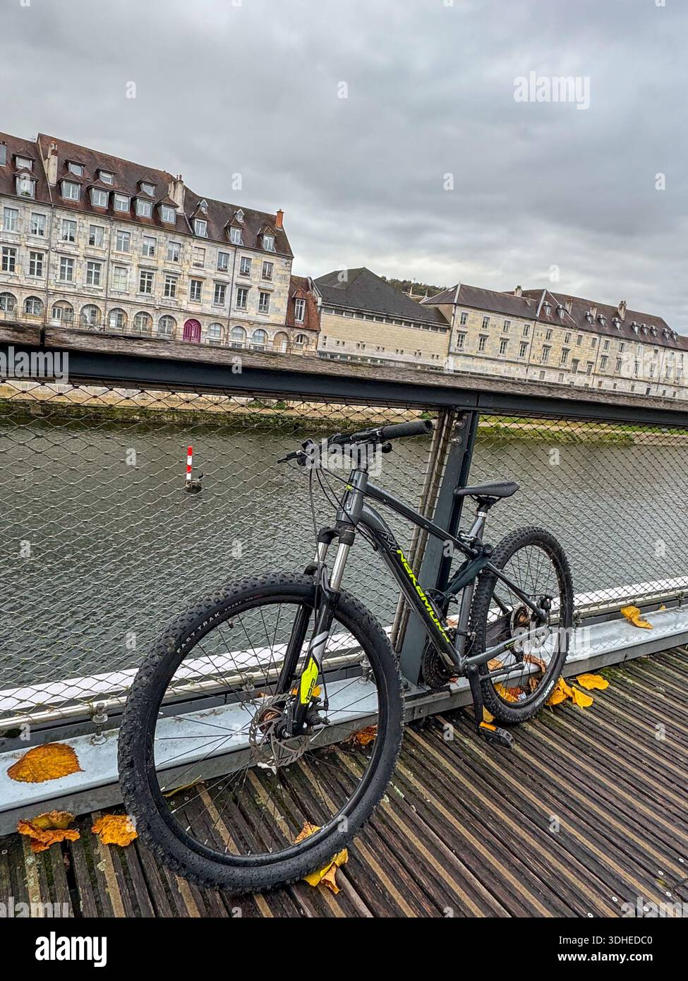 Mountain bike parcheggiata su un ponte pedonale sul fiume Doubs a Besanc, in Francia. - Immagine stock catturata con smartphone