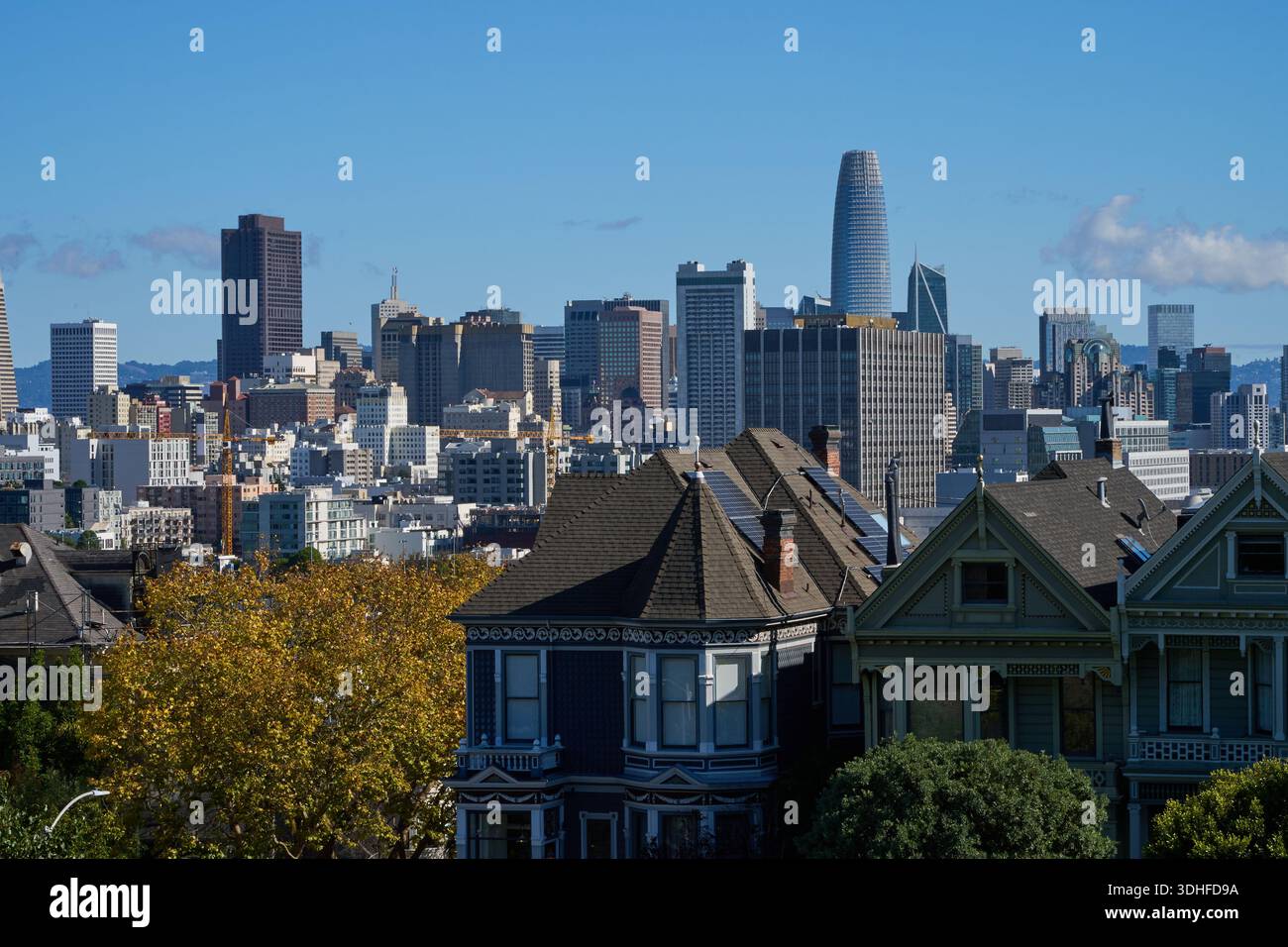 San Francisco, USA - 27 ottobre 2025 - Residenze vittoriane dipinte da signore con lo skyline di San Francisco sullo sfondo Foto Stock