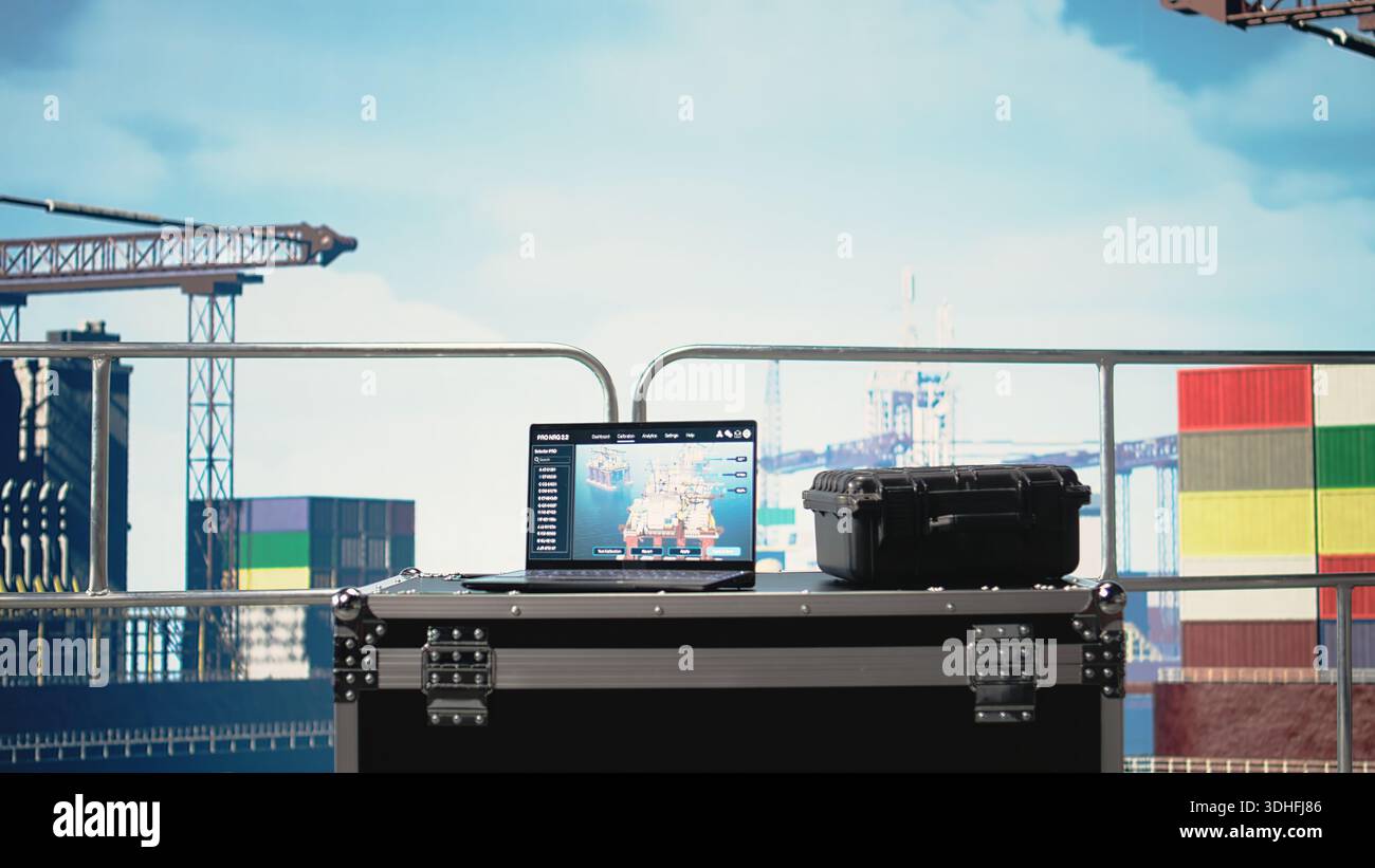 Laptop su piattaforma offshore con software predittivo per l'analisi delle operazioni di perforazione. Notebook sul ponte per chiatte di perforazione con interfaccia di controllo remoto per la gestione delle attrezzature del carro di perforazione e il monitoraggio dell'efficienza produttiva Foto Stock