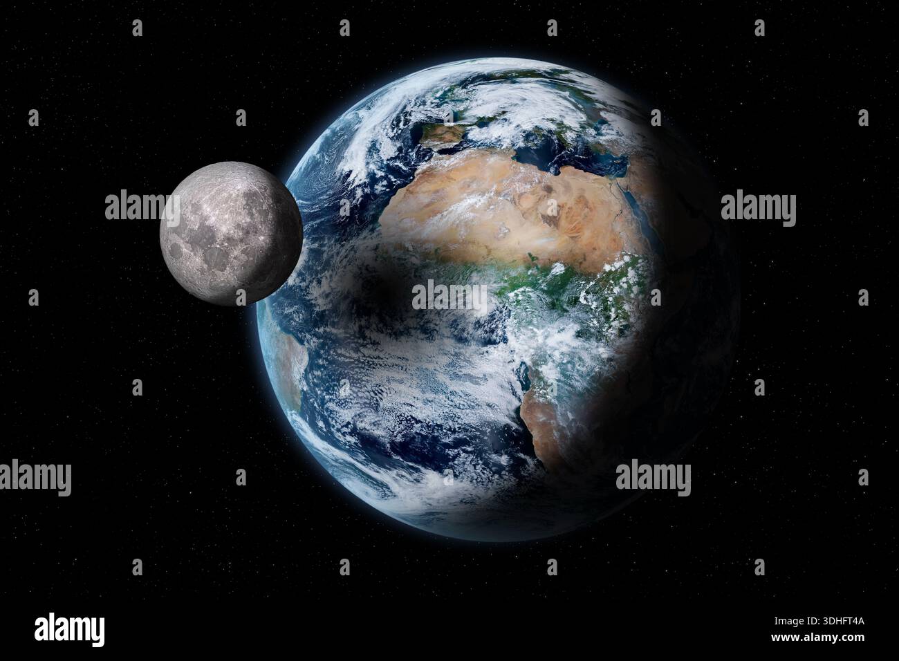 Luna, Eath e eclissi solare. L'ombra della Luna cade sulla Terra, creando una regione oscura in cui il Sole è temporaneamente bloccato. Questo elemento immagine furni Foto Stock