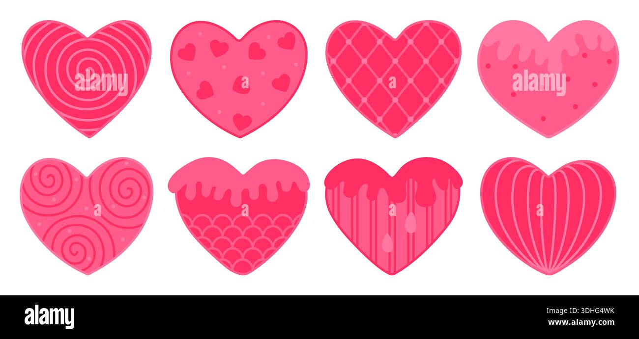 Carino set di cuore rosa e rosso. Cuori psichedelici dai colori vivaci pieni di varie forme geometriche astratte, clipart decorativi vettoriali Illustrazione Vettoriale
